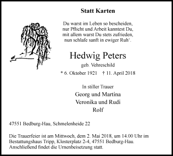 Traueranzeige von Hedwig Peters von Klever Wochenblatt