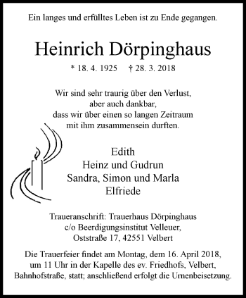 Traueranzeige von Heinrich Dörpinghaus von Stadtanzeiger Velbert + Heiligenhaus