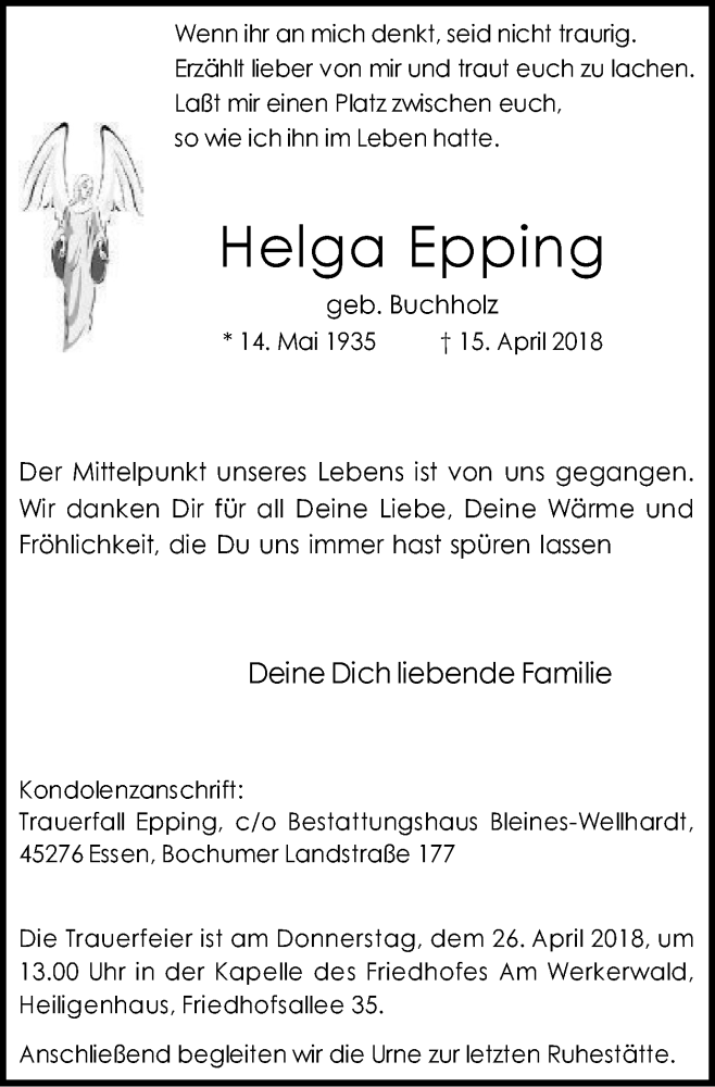  Traueranzeige für Helga Epping vom 21.04.2018 aus Stadtanzeiger Velbert + Heiligenhaus