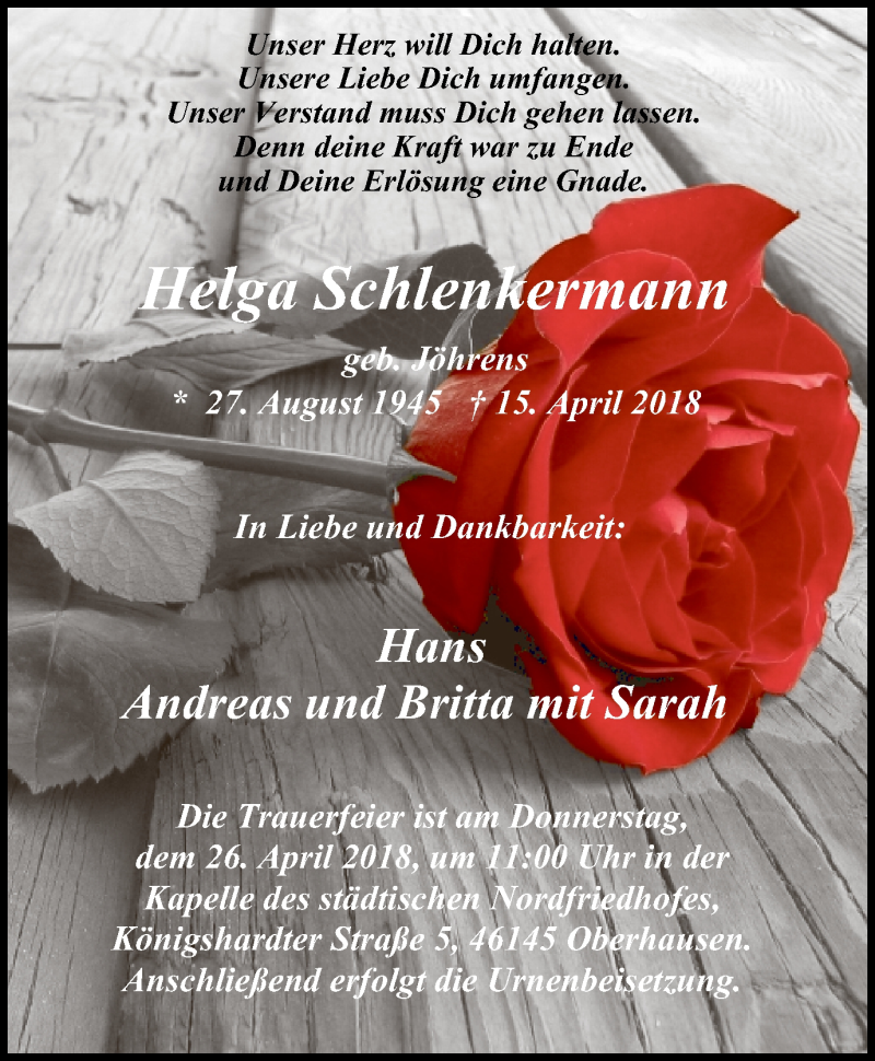  Traueranzeige für Helga Schlenkermann vom 21.04.2018 aus Wochen-Anzeiger Oberhausen