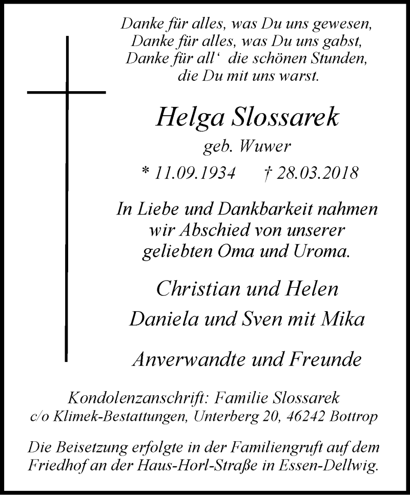  Traueranzeige für Helga Slossarek vom 07.04.2018 aus Stadtspiegel Bottrop