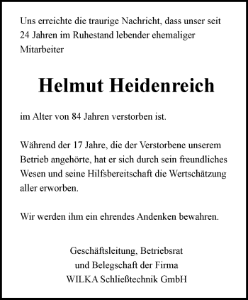 Traueranzeige von Helmut Heidenreich von Stadtanzeiger Velbert + Heiligenhaus