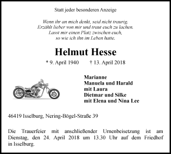 Traueranzeige von Helmut Hesse von Stadtanzeiger Emmerich/Rees/Isselburg