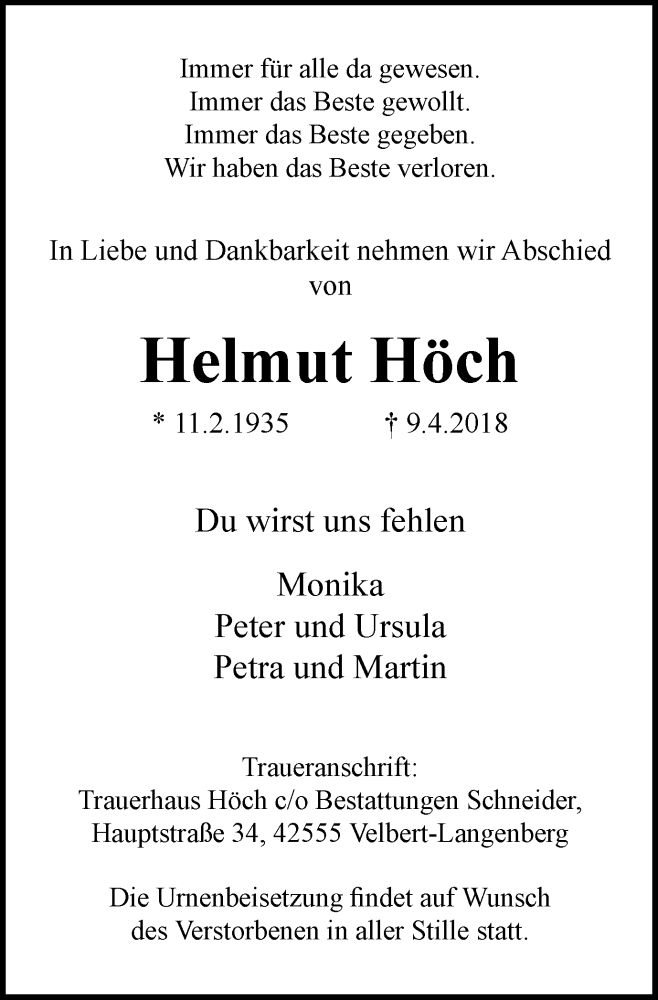 Traueranzeige für Helmut Höch vom 21.04.2018 aus Stadtanzeiger Velbert + Heiligenhaus