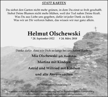 Traueranzeige von Helmut Olschewski von Stadtspiegel Menden + Froendenberg