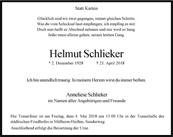 Traueranzeige von Helmut Schlieker von Mülheimer Woche