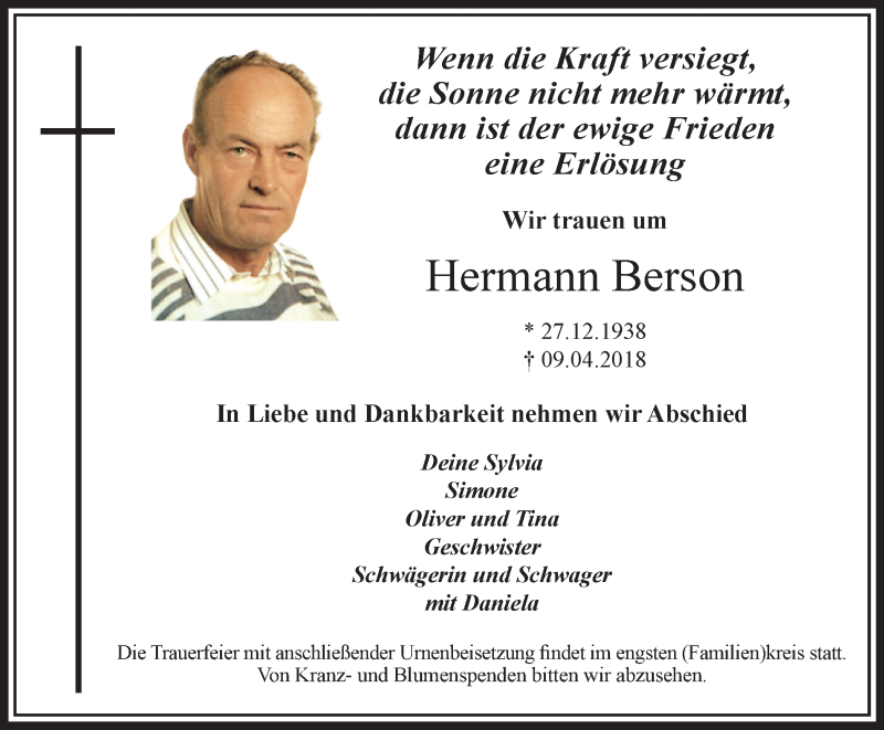  Traueranzeige für Hermann Berson vom 21.04.2018 aus Stadtanzeiger Emmerich/Rees/Isselburg