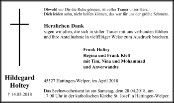 Traueranzeige von Hildegard Holtey von Stadtspiegel Hattingen/Niedersprockhövel