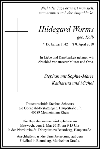 Traueranzeige von Hildegard Worms von Wochen-Anzeiger Langenfeld/Monheim/Hilden