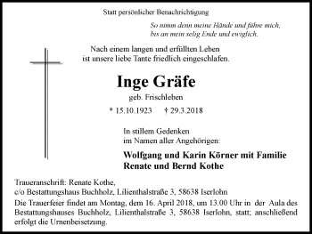 Traueranzeige von Inge Gräfe von Stadtspiegel Iserlohn + Hemer