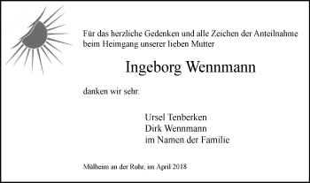 Traueranzeige von Ingeborg Wennmann von Mülheimer Woche