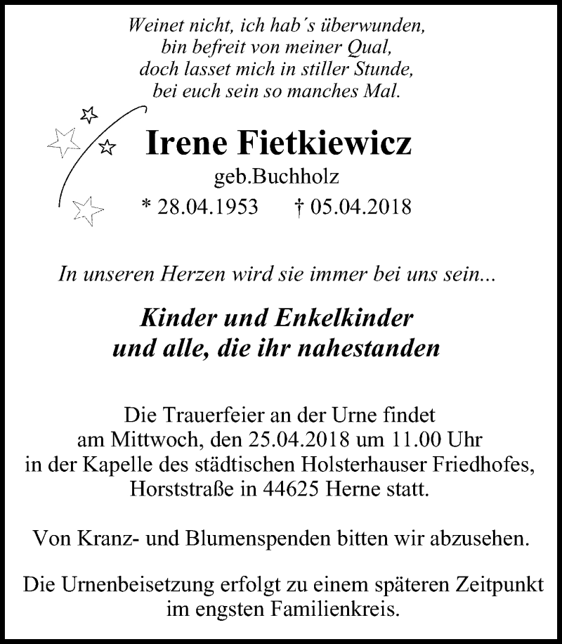  Traueranzeige für Irene Fietkiewicz vom 21.04.2018 aus Wochenblatt Herne/Wanne-Eickel
