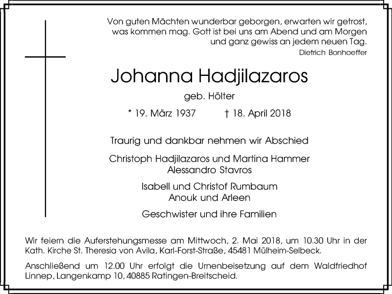  Traueranzeige für Johanna Hadjilazaros vom 28.04.2018 aus Mülheimer Woche