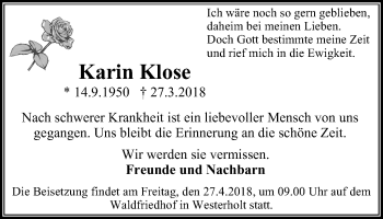 Traueranzeige von Karin Klose von Stadtspiegel Gladbeck