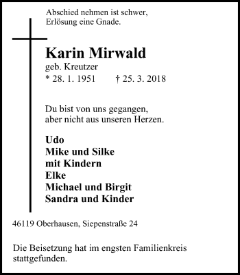 Traueranzeige von Karin Mirwald von Wochen-Anzeiger Oberhausen