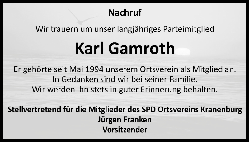  Traueranzeige für Karl Gamroth vom 14.04.2018 aus Klever Wochenblatt