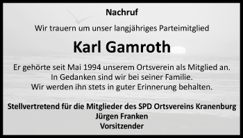 Traueranzeige von Karl Gamroth von Klever Wochenblatt