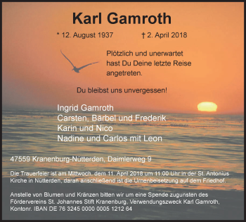 Traueranzeige von Karl Gamroth von Klever Wochenblatt