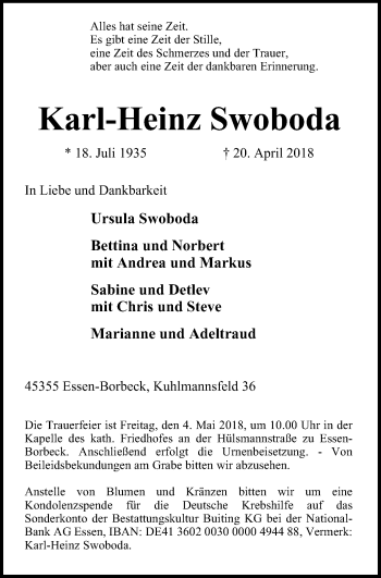 Traueranzeige von Karl-Heinz Swoboda von Borbeck Kurier