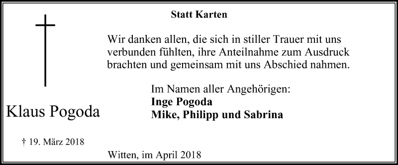  Traueranzeige für Klaus Pogoda vom 28.04.2018 aus Witten aktuell