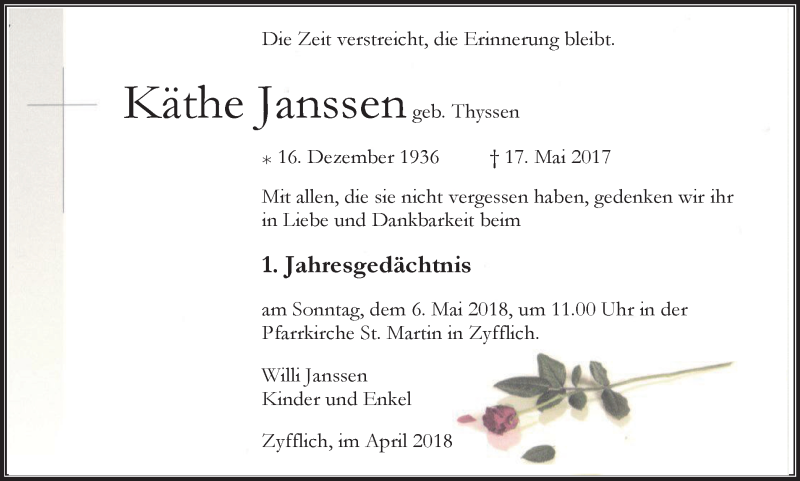  Traueranzeige für Käthe Janssen vom 28.04.2018 aus Klever Wochenblatt