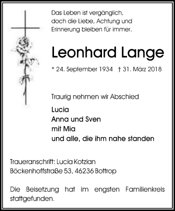 Traueranzeige von Leonhard Lange von Stadtspiegel Bottrop