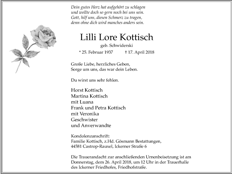  Traueranzeige für Lilli Lore Kottisch vom 21.04.2018 aus Stadtanz.Castrop-Rauxel
