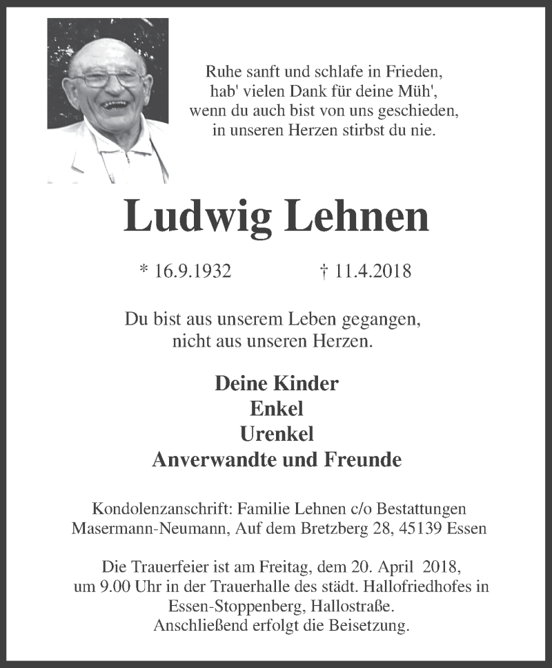 Traueranzeigen von Ludwig Lehnen TrauerinNRW.de