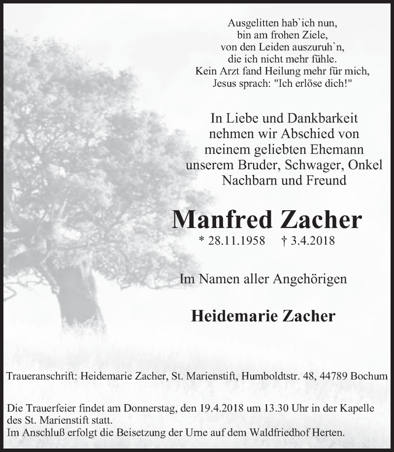  Traueranzeige für Manfred Zacher vom 14.04.2018 aus Stadtspiegel Bochum + Wattenscheid