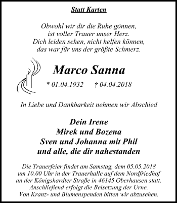 Traueranzeige von Marco Sanna von Wochen-Anzeiger Oberhausen