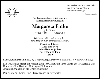 Traueranzeige von Margareta Finke von Stadtspiegel Hattingen/Niedersprockhövel