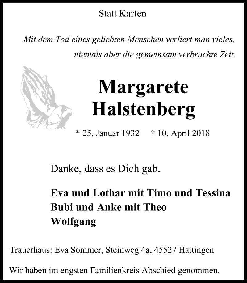  Traueranzeige für Margarete Halstenberg vom 21.04.2018 aus Stadtspiegel Hattingen/Niedersprockhövel