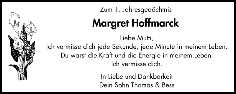  Traueranzeige für Margret Hoffmarck vom 14.04.2018 aus Wochen-Anzeiger Oberhausen