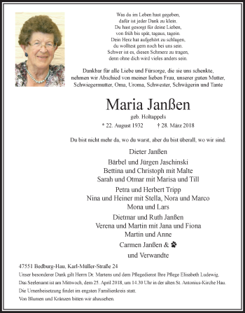 Traueranzeige von Maria Janßen von Klever Wochenblatt