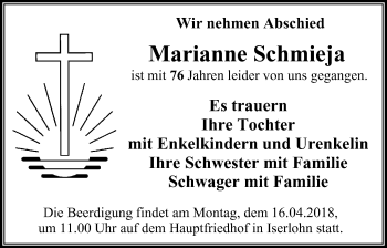Traueranzeige von Marianne Schmieja von Stadtspiegel Iserlohn + Hemer