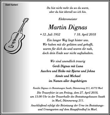 Traueranzeige von Martin Dignas von Stadtspiegel Re+Marl+Dat+Herten