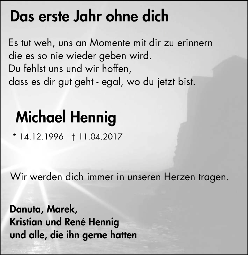  Traueranzeige für Michael Hennig vom 14.04.2018 aus Witten aktuell