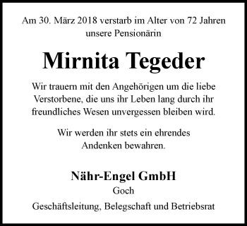 Traueranzeige von Mirnita Tegeder von Gocher Wochenblatt