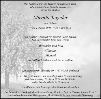 Traueranzeige von Mirnita Tegeder von Gocher Wochenblatt