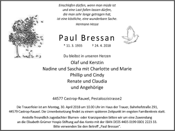 Traueranzeige von Paul Bressan von Stadtanz.Castrop-Rauxel