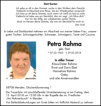 Traueranzeige von Petra Rahma von Stadtspiegel Menden + Froendenberg