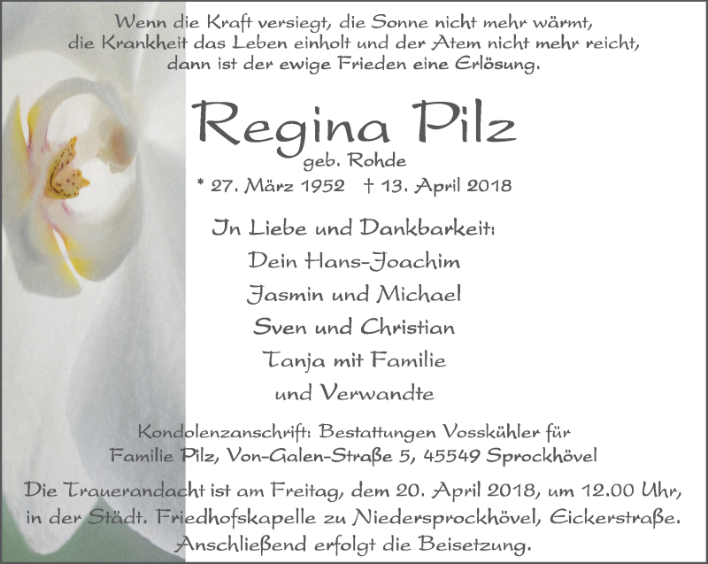  Traueranzeige für Regina Pilz vom 18.04.2018 aus Stadtspiegel Hattingen/Niedersprockhövel