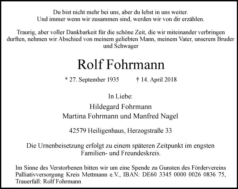  Traueranzeige für Rolf Fohrmann vom 21.04.2018 aus Stadtanzeiger Velbert + Heiligenhaus
