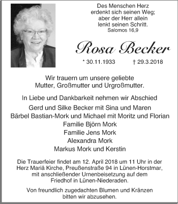 Traueranzeige von Rosa Becker von Lüner Anzeiger