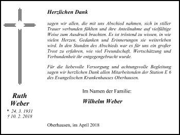 Traueranzeige von Ruth Weber von Wochen-Anzeiger Oberhausen