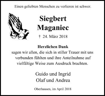 Traueranzeige von Siegbert Maganiec von Wochen-Anzeiger Oberhausen