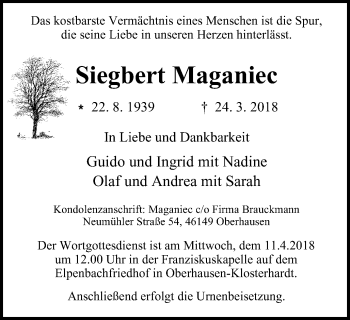 Traueranzeige von Siegbert Maganiec von Wochen-Anzeiger Oberhausen