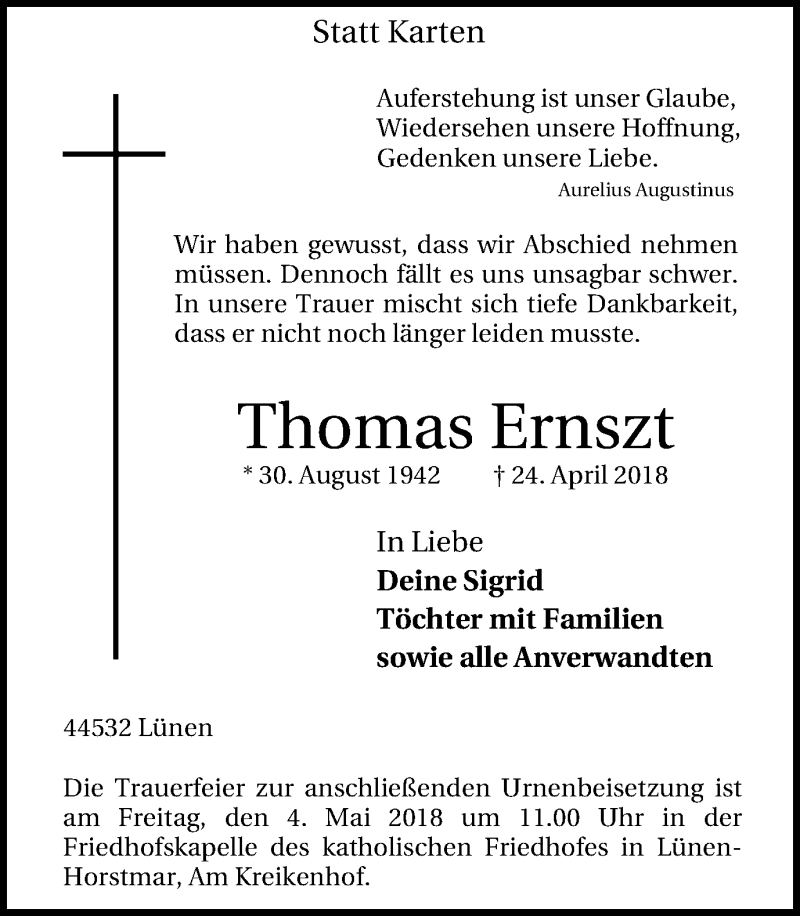  Traueranzeige für Thomas Ernszt vom 28.04.2018 aus Lüner Anzeiger