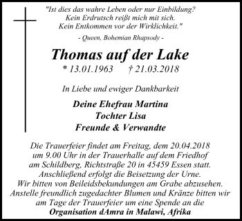 Traueranzeige von Thomas auf der Lake von Wochen-Anzeiger Oberhausen