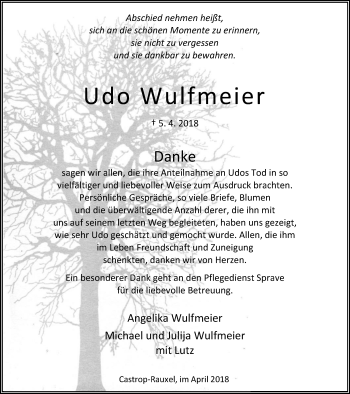 Traueranzeige von Udo Wulfmeier von Stadtanz.Castrop-Rauxel